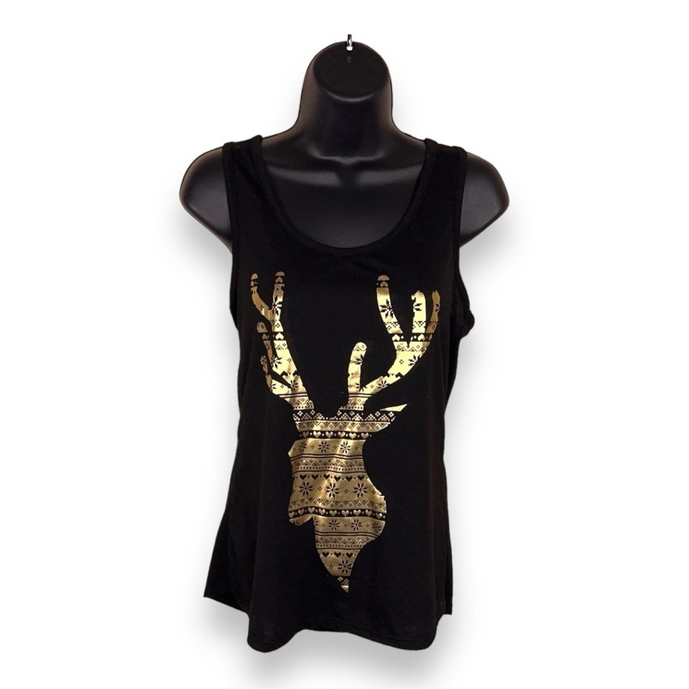 SMALL HOLIDAY TANK TOP JUNIORS BLACK GOLD CHRISTMAS REINDEER